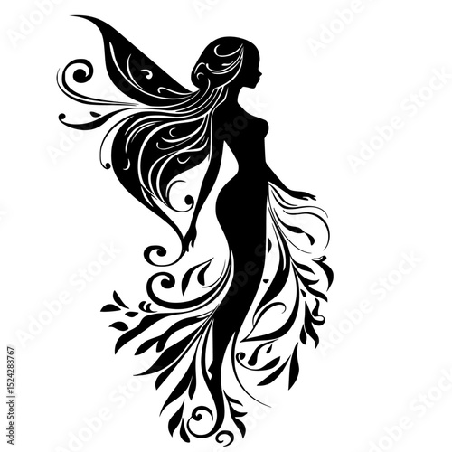 black and white silhouette of a young woman with long hair in a floral dress beautiful, black, dress, fairy, floral, girl, hair, long, silhouette, wing, woman, young , Generative art.