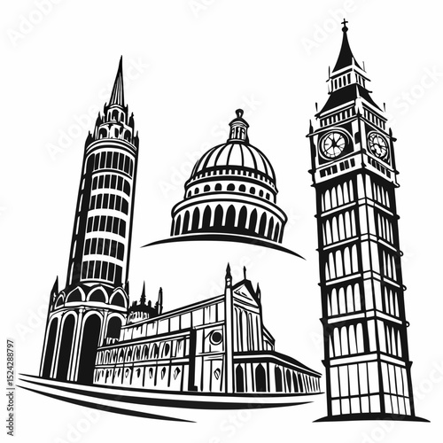 Iconic london landmarks black and white illustration