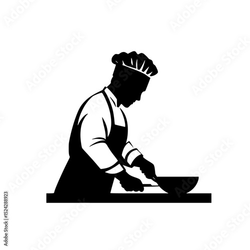 a black silhouette of a cook in an apron cooking food in a bowl apron, black, bowl, chef, cook, dish, dough, food, silhouette , Generative art.