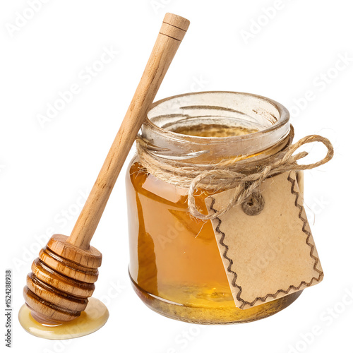 A honey jar with a wooden dipper, isolated on a transparent background
