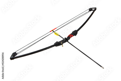Modern black compound bow with arrow nocked, isolated on white back