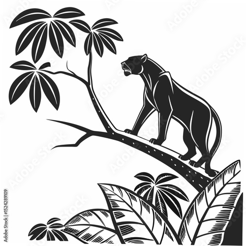 Majestic black panther on tropical branch, isolated cutout