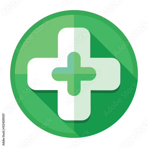 Green and white first aid medical cross symbol on circle for healthcare and emergency services