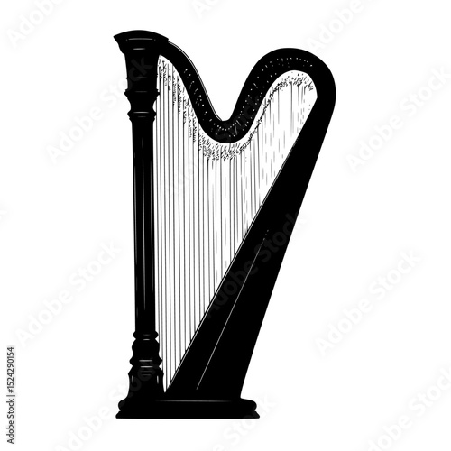 a black and white icon of a harp black, icon, illustration, instrument, silhouette , Generative art.