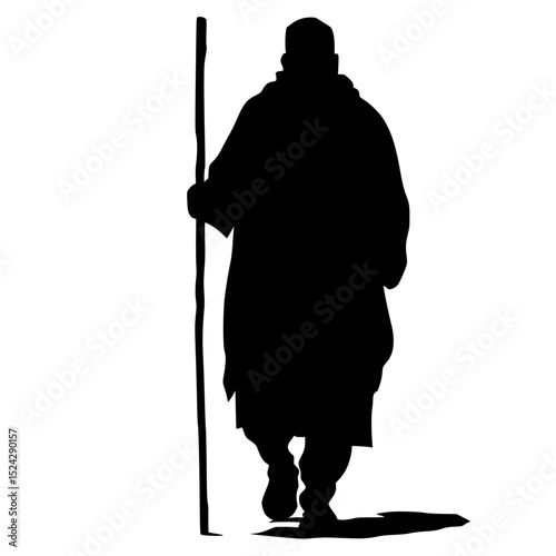 a black and white silhouette of an old man holding a long stick or sign black, hold, long, man, old, person, pole, shadow, sign, silhouette, stick, walk, warrior , Generative art.