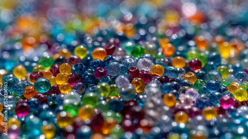 A close up shot of a colorful collection of water beads with a shallow depth of field effect used