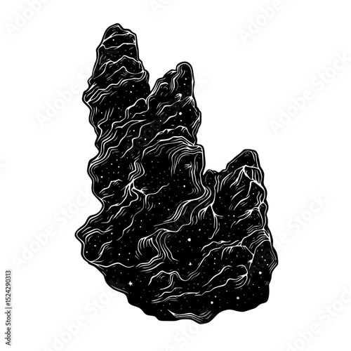 a black and white drawing of a night sky with stars black, drawing, illustration, map, mountain, night sky, star , Generative art.