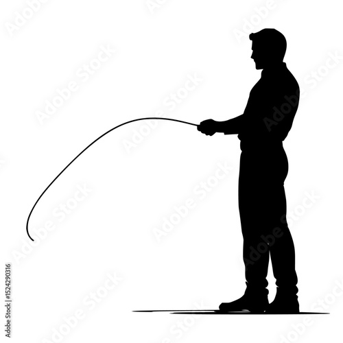 a black silhouette of a man fishing on a transparent background black, fish, fisherman, fishing rod, man, person, silhouette , Generative art.