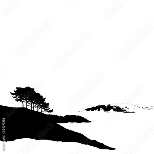 a black and white silhouette of a small island with trees on top of a hill overlooking the ocean black, cliff, hill, island, mountain, ocean, silhouette, small, tree, water , Generative art.