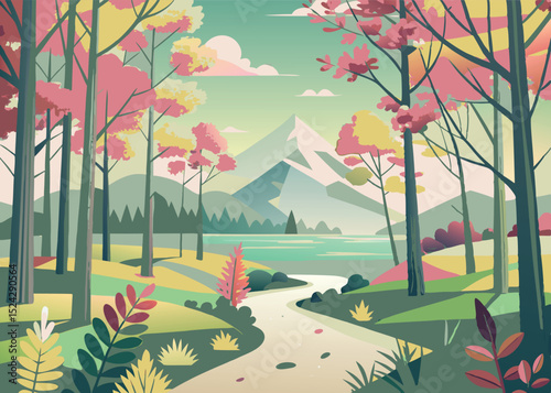 Scenic landscape featuring a mountain range, serene lake, and colorful stylized trees.