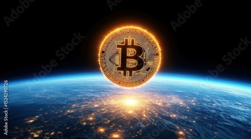 Cryptocurrency coin above planet Earth during bright sunrise glow