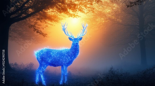 Glowing deer in mystic forest with fog and warm sunlight.