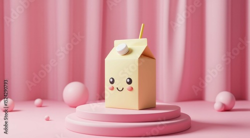 Cute juice carton on pink platform with pastel background