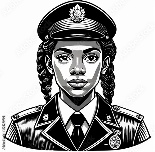Black Female Police Officer Portrait,  Line Art Illustration