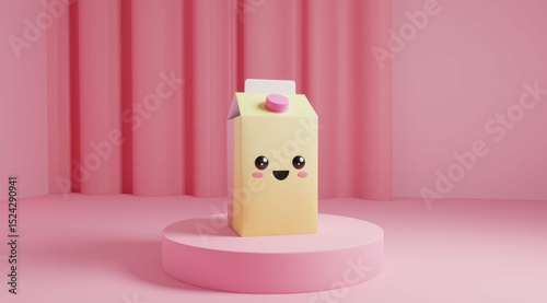 Cute food packaging with kawaii face on pink pedestal display