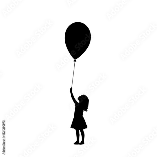 a black silhouette of a little girl holding a balloon balloon, black, child, girl, hold, little, silhouette , Generative art.