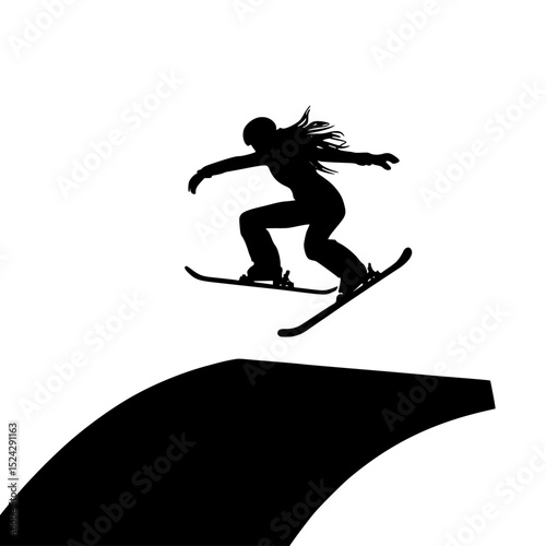 a black and white silhouette of a person riding a skateboard over a hill or cliff black, cliff, fly, hill, jump, man, person, ride, silhouette, skateboard, skateboarder, snowboard , Generative art.