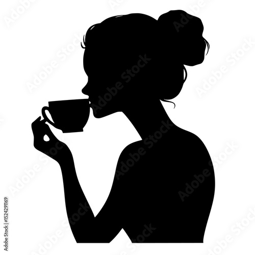 a black silhouette of a girl holding a cup of hot tea or coffee in her hands black, coffee, coffee cup, cup, drink, girl, hand, hold, hot, silhouette, tea, woman , Generative art.
