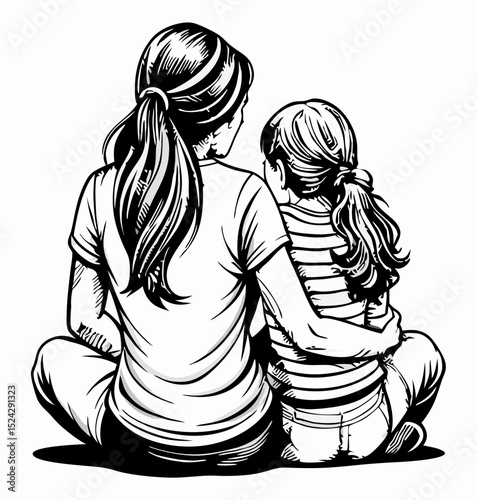 Mother and Daughter Sitting Together, Back View, Line Art Illustration
