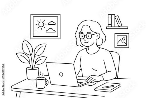 Woman Working on Laptop – Remote Office Illustration
