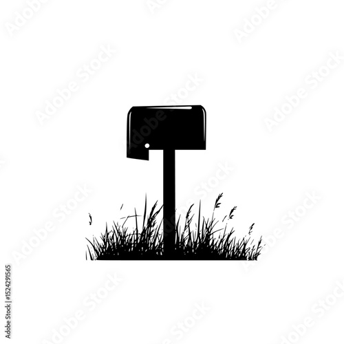 a black and white silhouette of a mailbox in the grass black, grass, grassy, mailbox, road sign, sign, silhouette, street sign , Generative art.