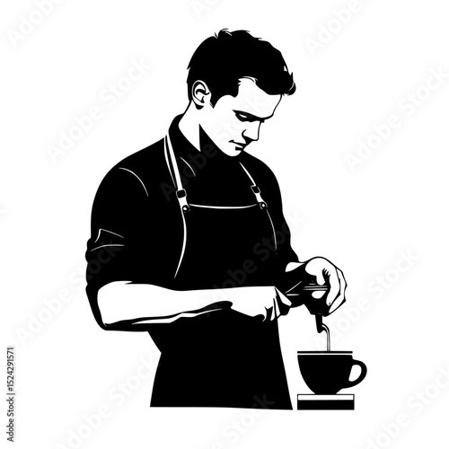 a black and white illustration of a man in an apron pouring a cup of coffee or tea apron, black, bowl, chef, coffee, cup, food, illustration, man, pour, priest, tea , Generative art.