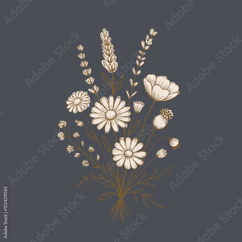 Beautiful floral arrangement featuring various flowers in delicate line art style, showcasing elegance and simplicity