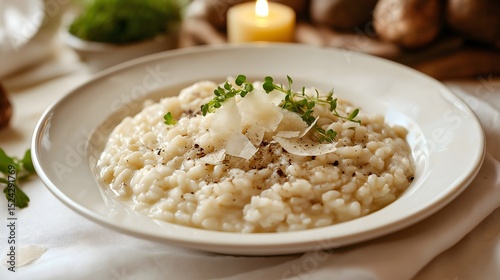 Creamy truffle risotto topped with shaved cheese and fresh herbs on a rustic table setting with a candle
