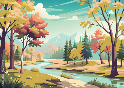 Vibrant autumn landscape with river flowing through forest and mountains in the background