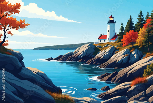 A white lighthouse with a red roof on a rocky coast, surrounded by autumn trees, blue sky, and calm water—Chatham Lighthouse.
