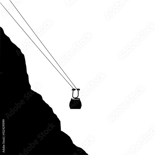 a black and white silhouette of a ski car at the top of a mountain black, cable car, mountain, ride, silhouette, ski lift, top , Generative art.