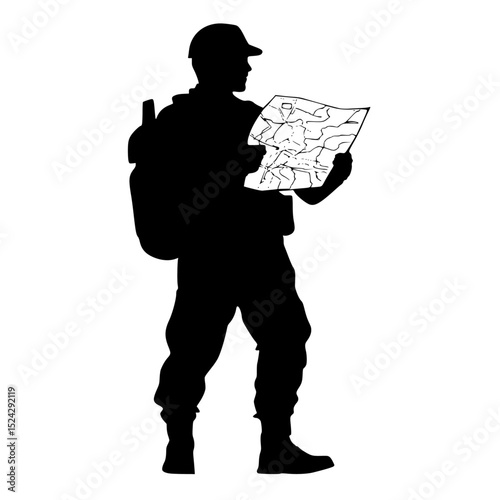 black and white silhouette of a tourist or soldier with a backpack standing and looking at a map backpack, black, man, map, silhouette, soldier, stand, tourist, traveler , Generative art.