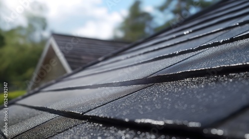 Cleaning the roof of a house with a focus on the shiny tiles under bright sunlight during a clear day in a residential neighborhood