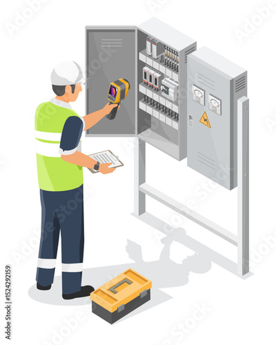 Technician using thermal scanner to inspect electrical control cabinet for heat anomalies during routine maintenance procedure