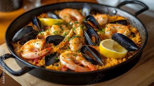 Savor the delectable flavors of traditional Spanish seafood paella, beautifully presented with fresh shrimp, succulent mussels, and zesty lemon slices for a delightful culinary experience
