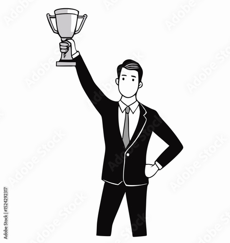 Businessman Holding Up Winning Trophy, Success Achievement