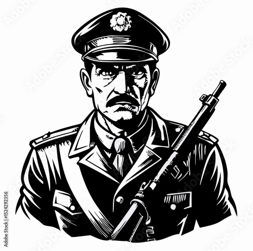 Serious Military Officer Portrait, Black and White Illustration