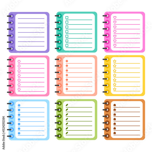 Colorful planner notebook pages with checklist and lined templates