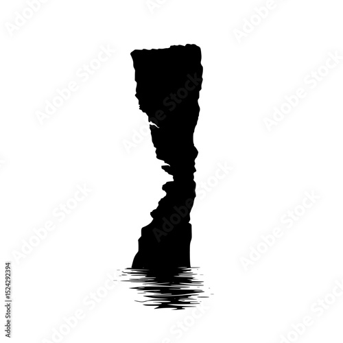 a black and white silhouette of a tall cliff face black, reflection, silhouette, water , Generative art.