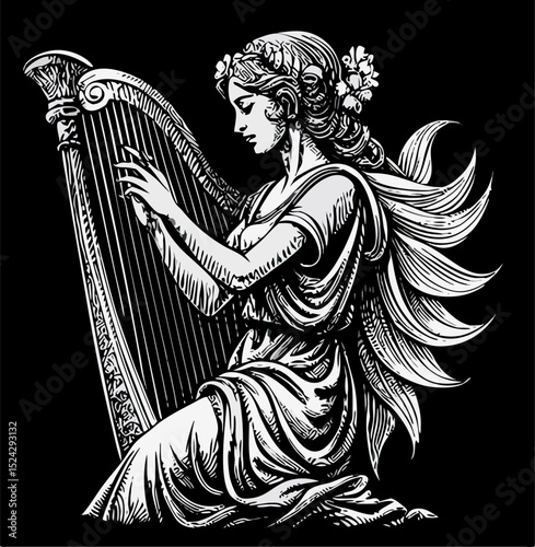 Woman Playing Harp: Black and White Art Illustration