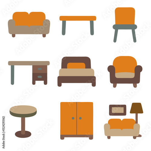 Furniture nine cartoon icons for a cozy and stylish home. Perfect for interior design websites, home decor blogs, or furniture advertisements.