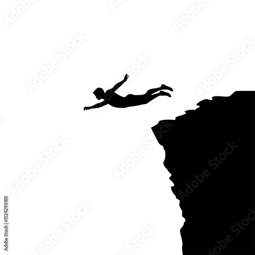 a black and white silhouette of a man falling off a cliff black, cliff, fall, jump, man, person, rock, silhouette , Generative art.