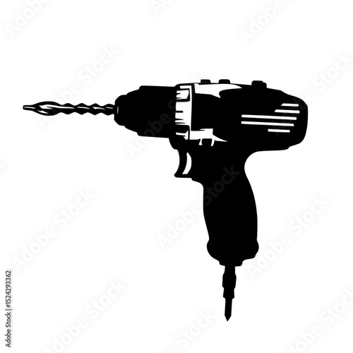 a black and white silhouette of a cordless screwdriver black, drill, silhouette , Generative art.