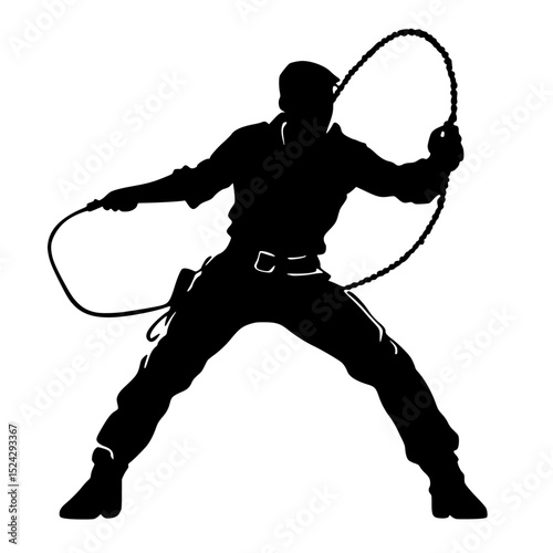a black silhouette of a cowboy holding a lasso black, cowboy, man, rope, silhouette , Generative art.