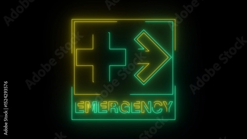 Neon Emergency Sign with Cross and Arrow Glowing on a Dark Background This image shows