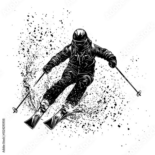 the skier goes down the mountain on skis art, illustration, mountain, person, ski, skier , Generative art.