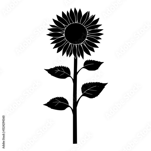a black and white silhouette of a sunflower in a simple style black, flower, icon, silhouette, single, style, sunflower, white , Generative art.