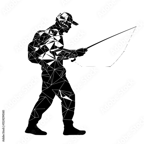 a black silhouette of a fisherman with a fishing rod black, fisherman, fishing rod, man, person, silhouette , Generative art.