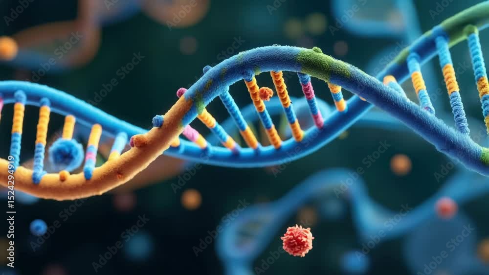 Animated DNA strand splitting into two, showcasing a dynamic biological process.