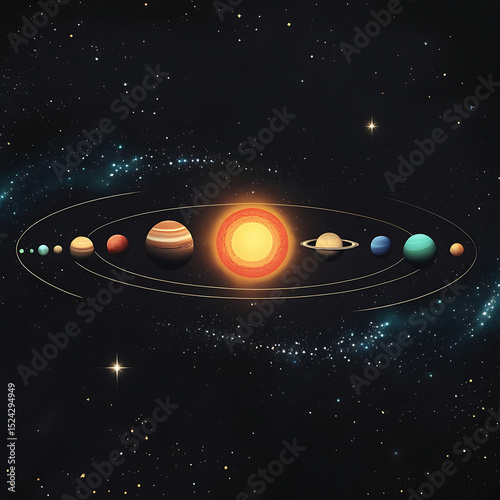 Solar System Planets Orbiting the Sun in Outer Space